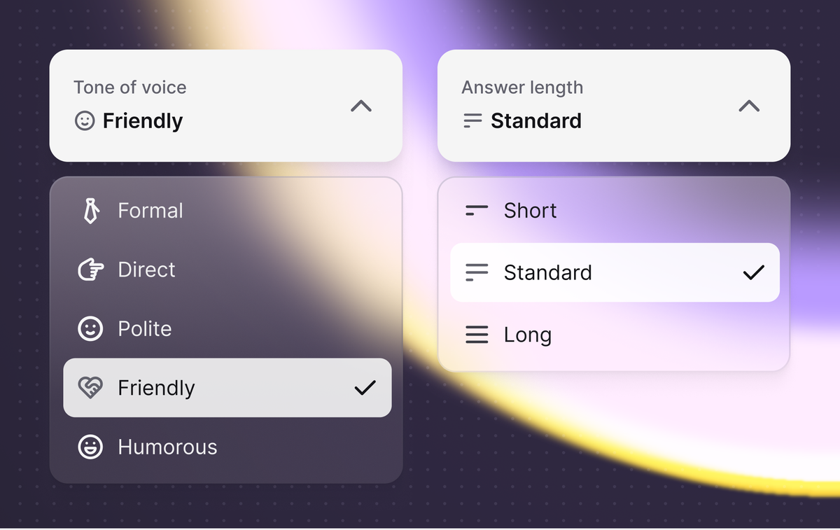 Interface settings showing tone of voice and answer length options, highlighting the ability to keep communication friendly and aligned with brand identity.