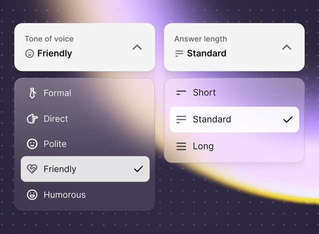 Interface settings showing tone of voice and answer length options, highlighting the ability to keep communication friendly and aligned with brand identity.