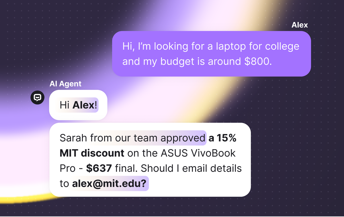 A customer chat where an AI agent responds with a personalized, relevant offer, emphasizing tailored and on-point interactions.