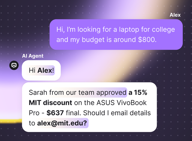 A customer chat where an AI agent responds with a personalized, relevant offer, emphasizing tailored and on-point interactions.