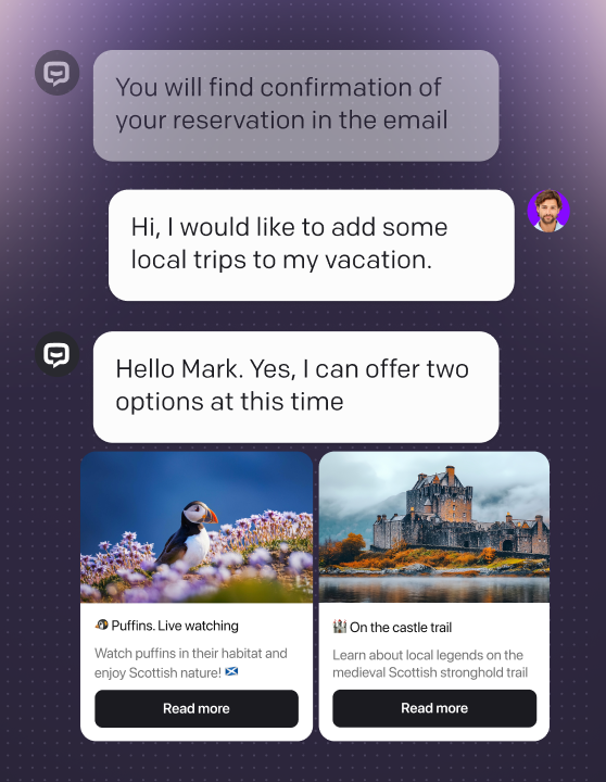 AI agent in Text App continuing a past customer conversation, recommending local trip options with images and “Read more” buttons. Interface includes a user message, agent reply, and two visual trip suggestions: bird watching and a castle trail.
