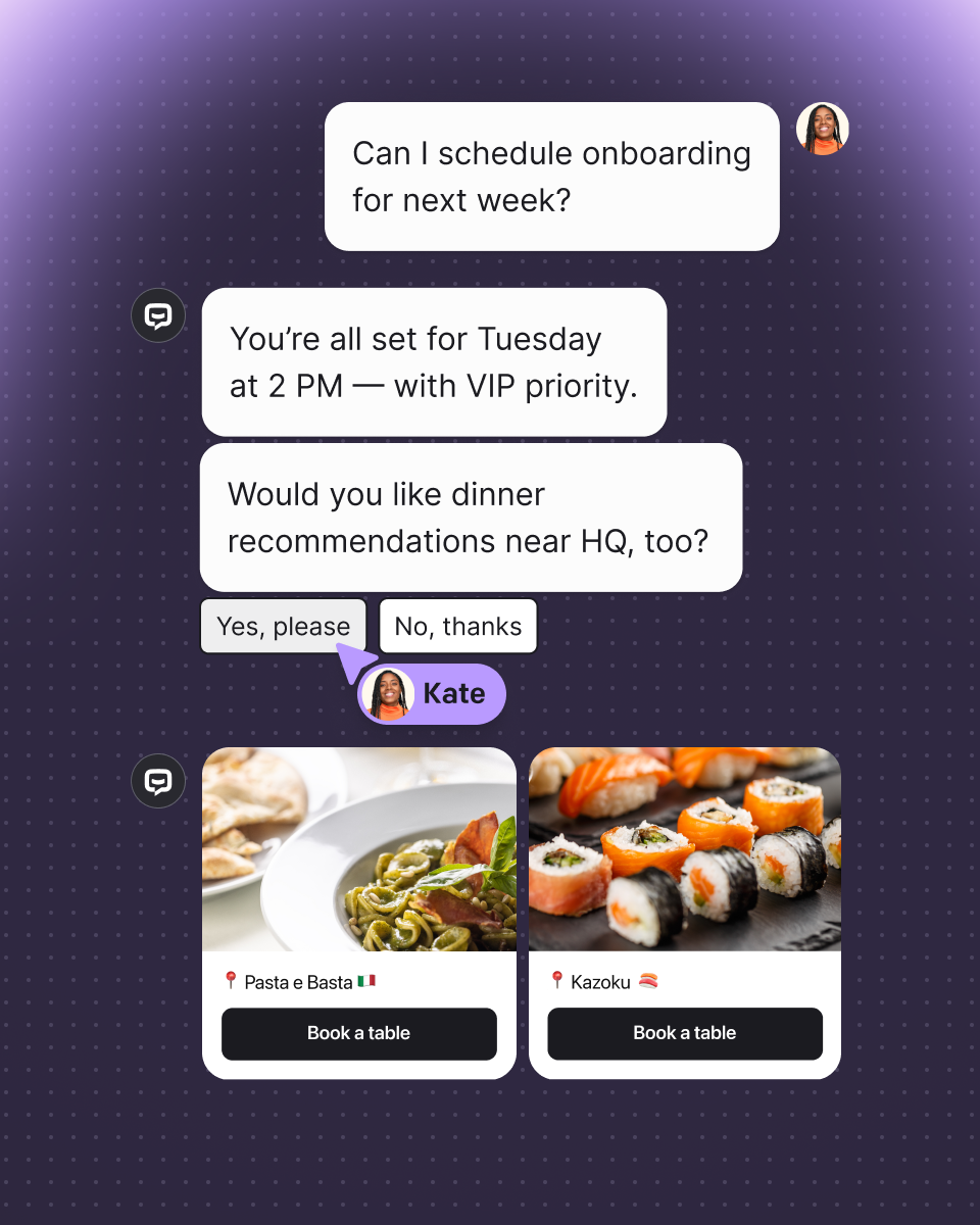 AI agent in Text App confirming an onboarding appointment and offering nearby dinner recommendations. The customer accepts, triggering restaurant suggestions with images and “Book a table” buttons.
