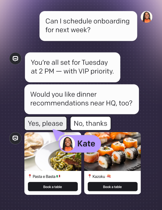 AI agent in Text App confirming an onboarding appointment and offering nearby dinner recommendations. The customer accepts, triggering restaurant suggestions with images and “Book a table” buttons.