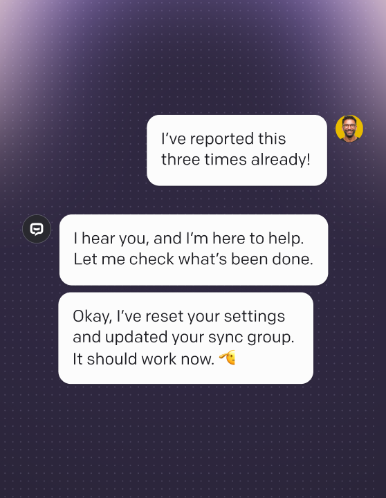 AI agent in Text App responding to a frustrated user, acknowledging the issue and confirming that settings and sync group have been reset to resolve it.
