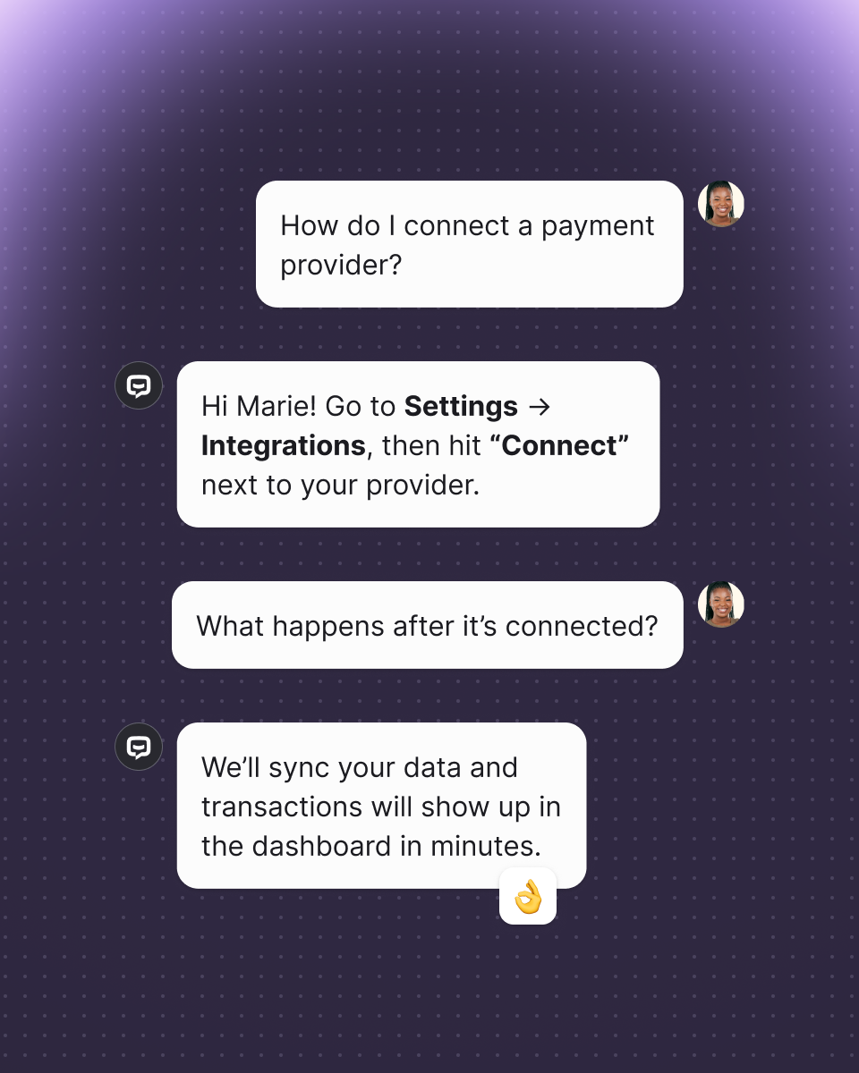 AI agent in Text App guiding a user through connecting a payment provider, explaining setup steps and confirming that transactions will sync to the dashboard.