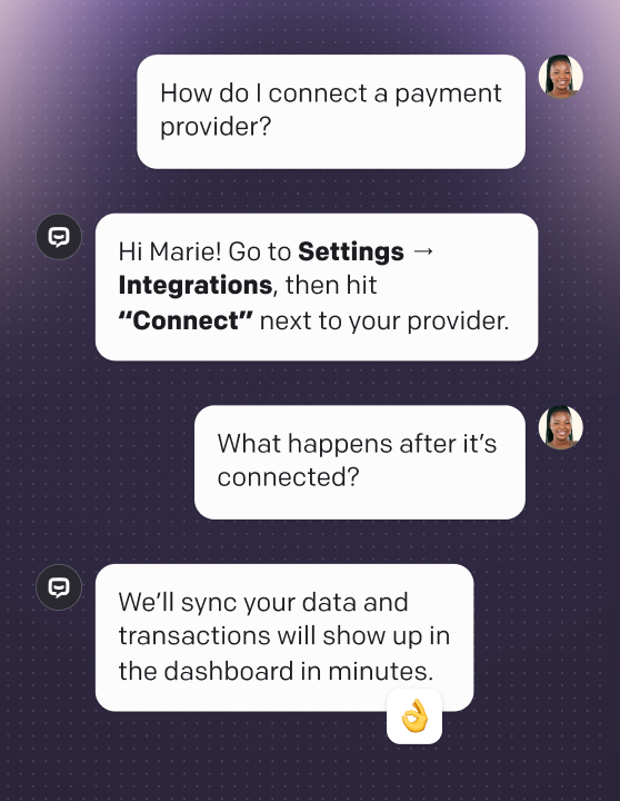 AI agent in Text App guiding a user through connecting a payment provider, explaining setup steps and confirming that transactions will sync to the dashboard.