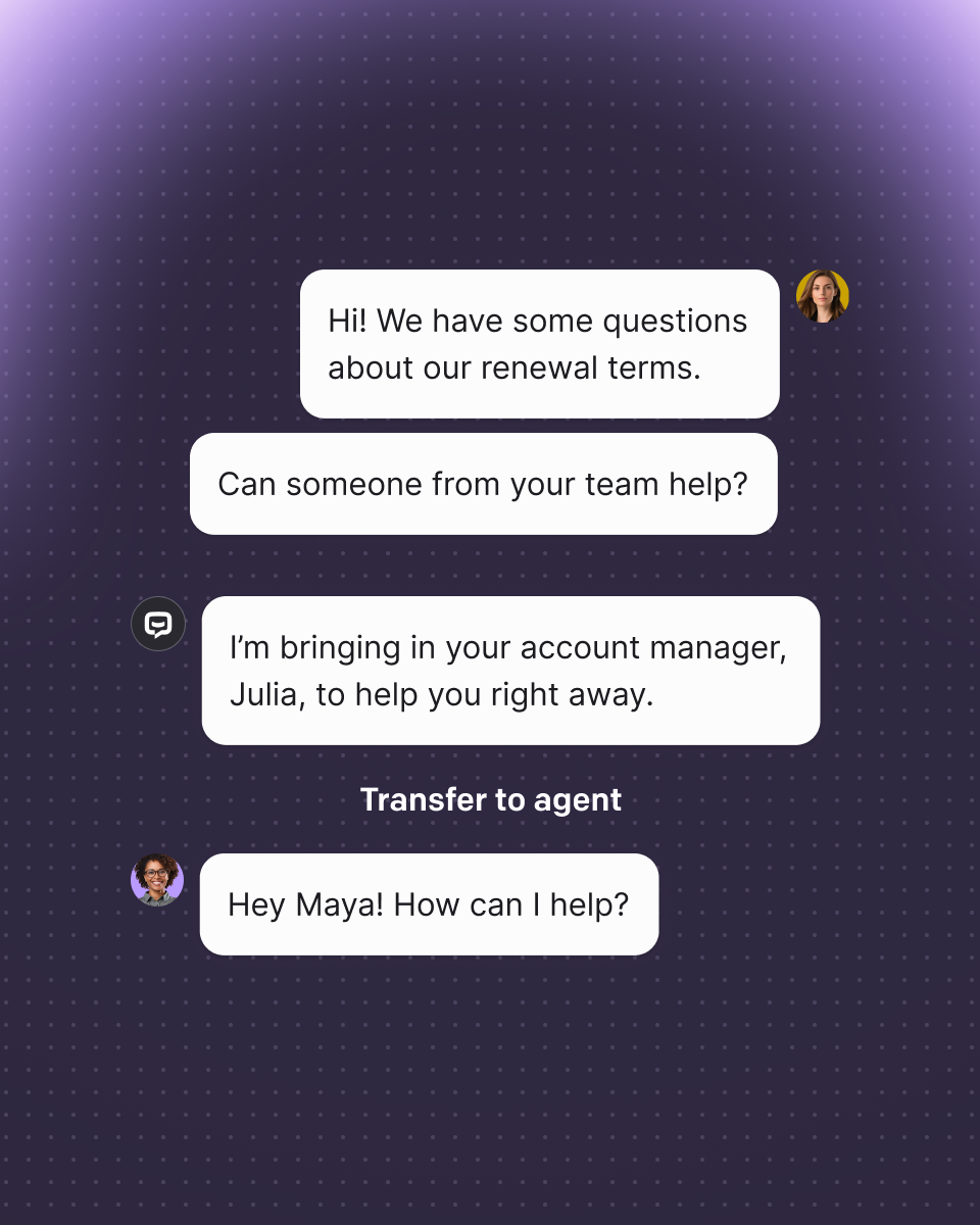 AI agent in Text App handling a renewal inquiry and transferring the conversation to a human account manager, who joins to assist the customer.