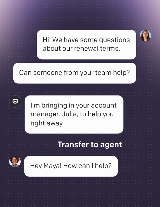 AI agent in Text App handling a renewal inquiry and transferring the conversation to a human account manager, who joins to assist the customer.