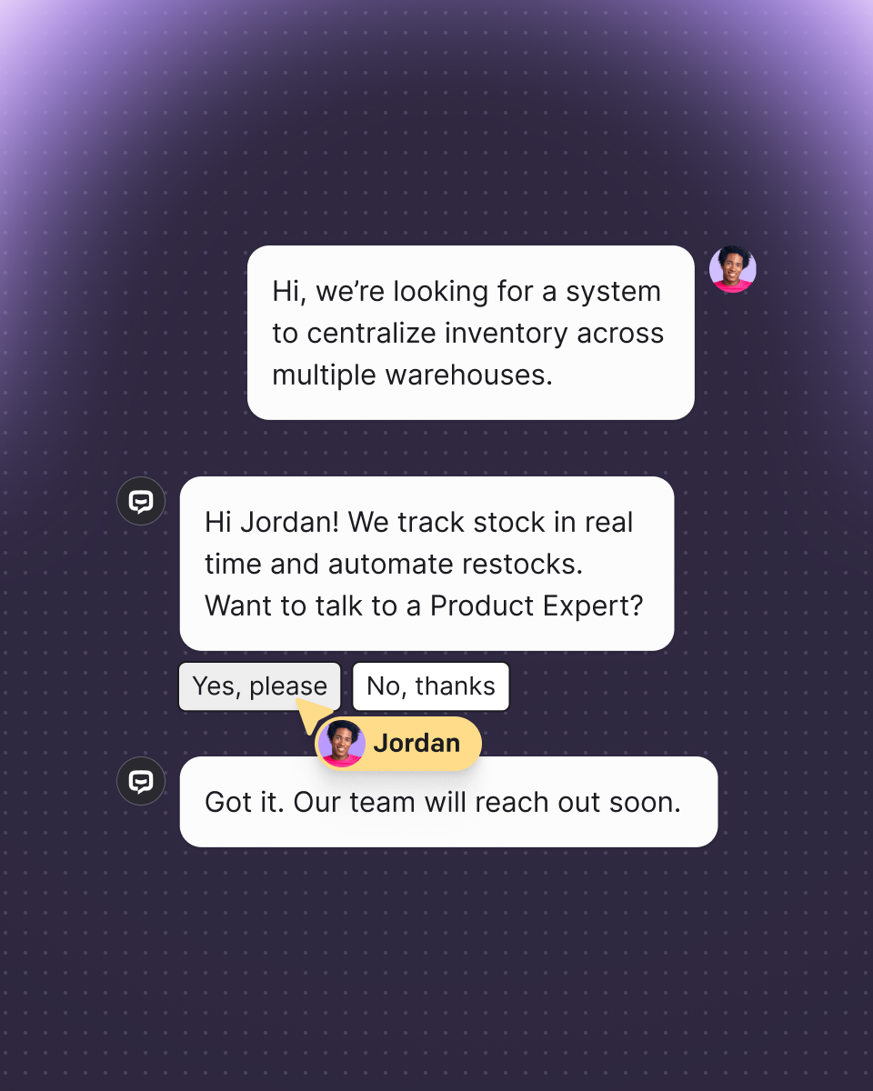 AI agent in Text App assisting a customer with inventory management. The chat includes a product inquiry, AI reply with automation features, quick-reply buttons, and confirmation that the team will follow up.