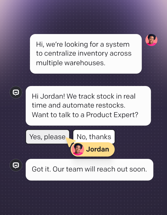 AI agent in Text App assisting a customer with inventory management. The chat includes a product inquiry, AI reply with automation features, quick-reply buttons, and confirmation that the team will follow up.
