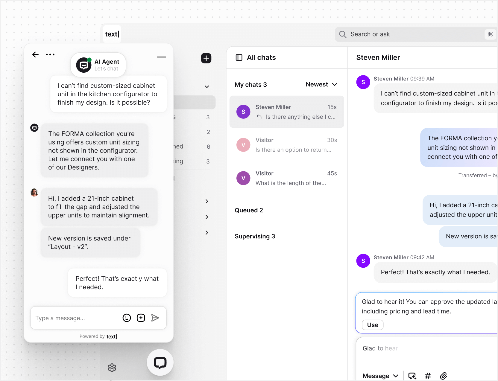 AI live chat in Text App for hosting