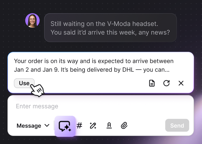 Interface showing AI-generated message suggestions based on chat context.