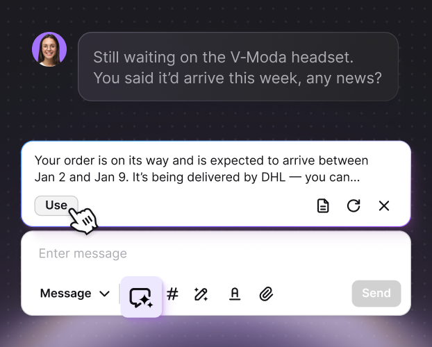 Interface showing AI-generated message suggestions based on chat context.