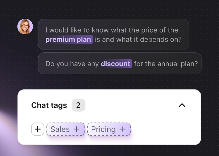 AI-recommended tags appearing based on conversation content.