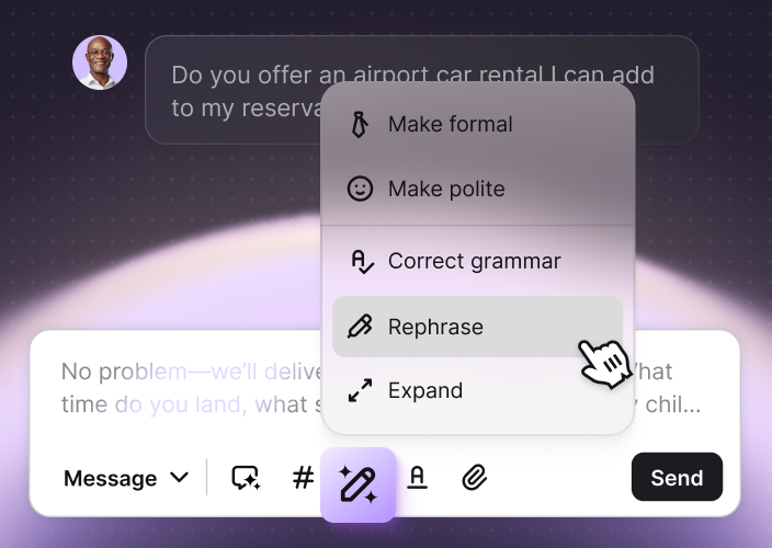 AI text enhancement highlighting AI-improved grammar, tone, and clarity in a customer message.