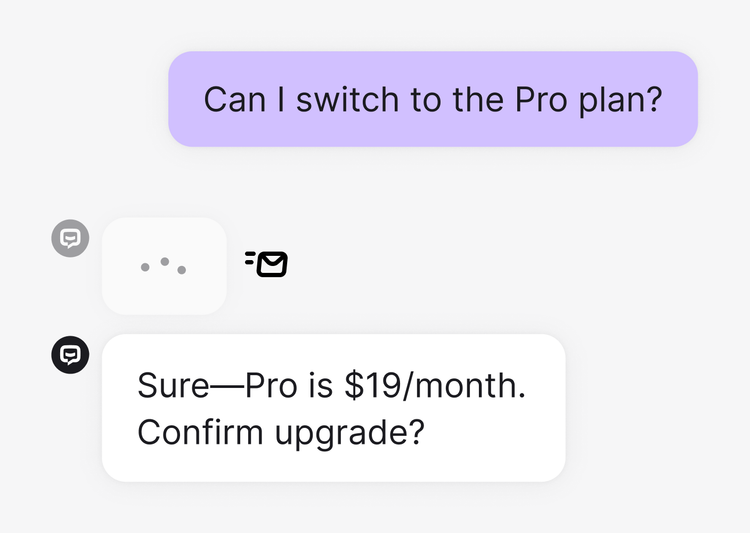 Chat exchange where a customer asks about switching to a plan and receives an instant response, highlighting real-time processing to reduce wait times.