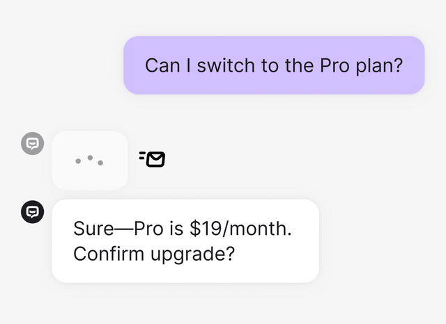 Chat exchange where a customer asks about switching to a plan and receives an instant response, highlighting real-time processing to reduce wait times.