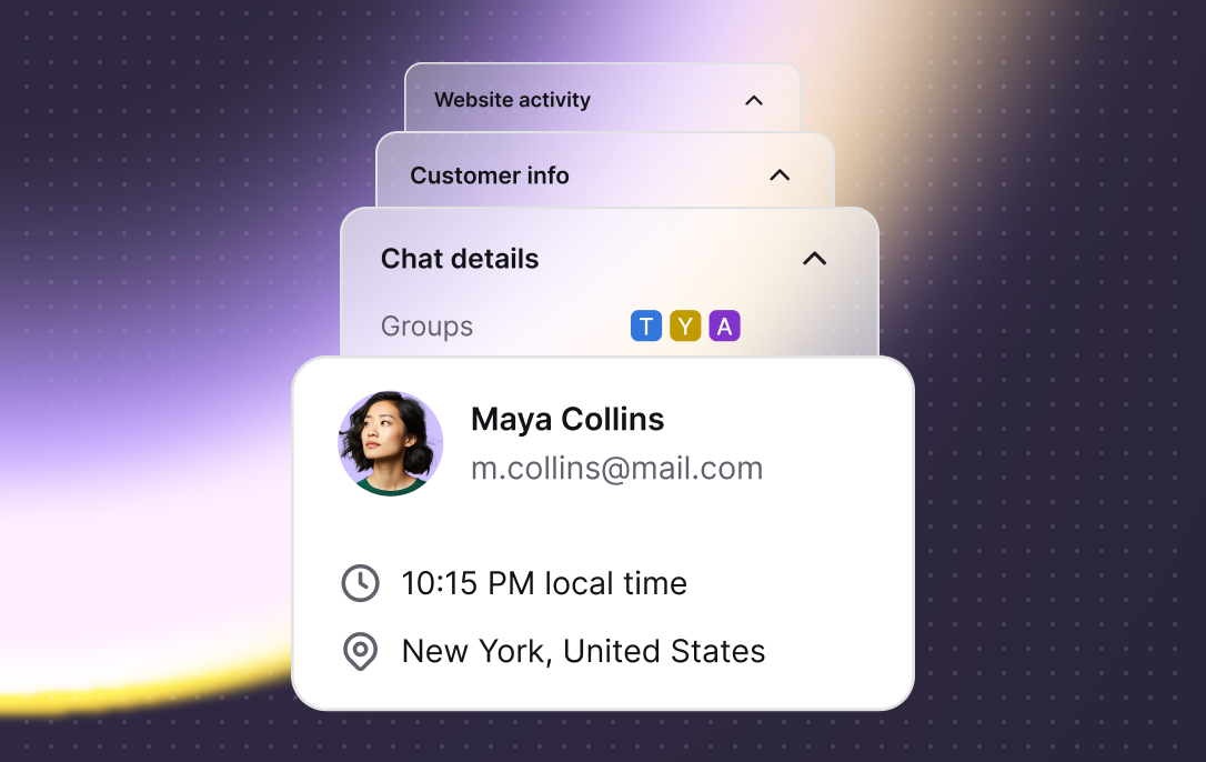 Interface showing customer profile details, including name, email, local time, and location, layered with tabs for chat details, customer info, and website activity — illustrating how replies are powered by unified customer data.