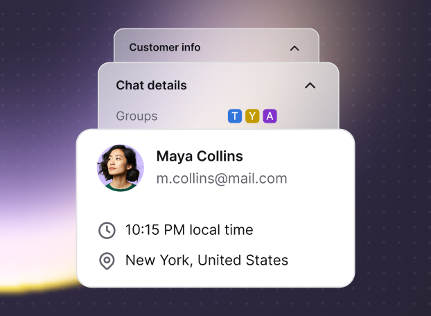 Interface showing customer profile details, including name, email, local time, and location, layered with tabs for chat details, customer info, and website activity — illustrating how replies are powered by unified customer data.