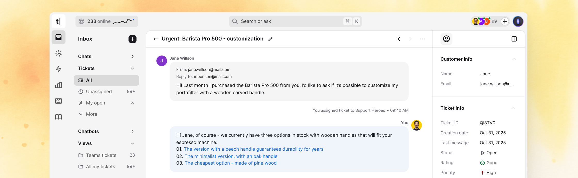 View of Inbox in Text App interface, showing a conversation moving from bot to human agent, all in one view.