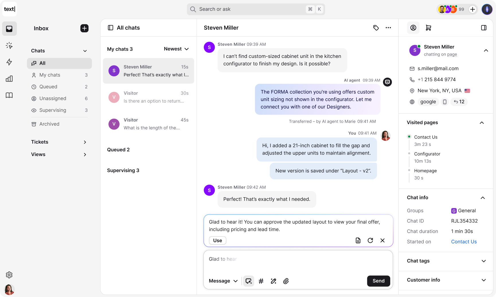 Text App desktop interface showing a live chat between a customer, an AI agent, and a human agent. The layout includes a chat inbox, user details panel, and conversation thread with follow-up actions.