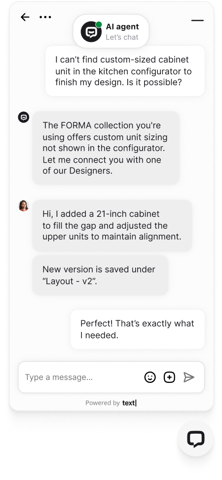 Customer support chat widget powered by Text, showing a conversation between a user, an AI agent, and a human agent.