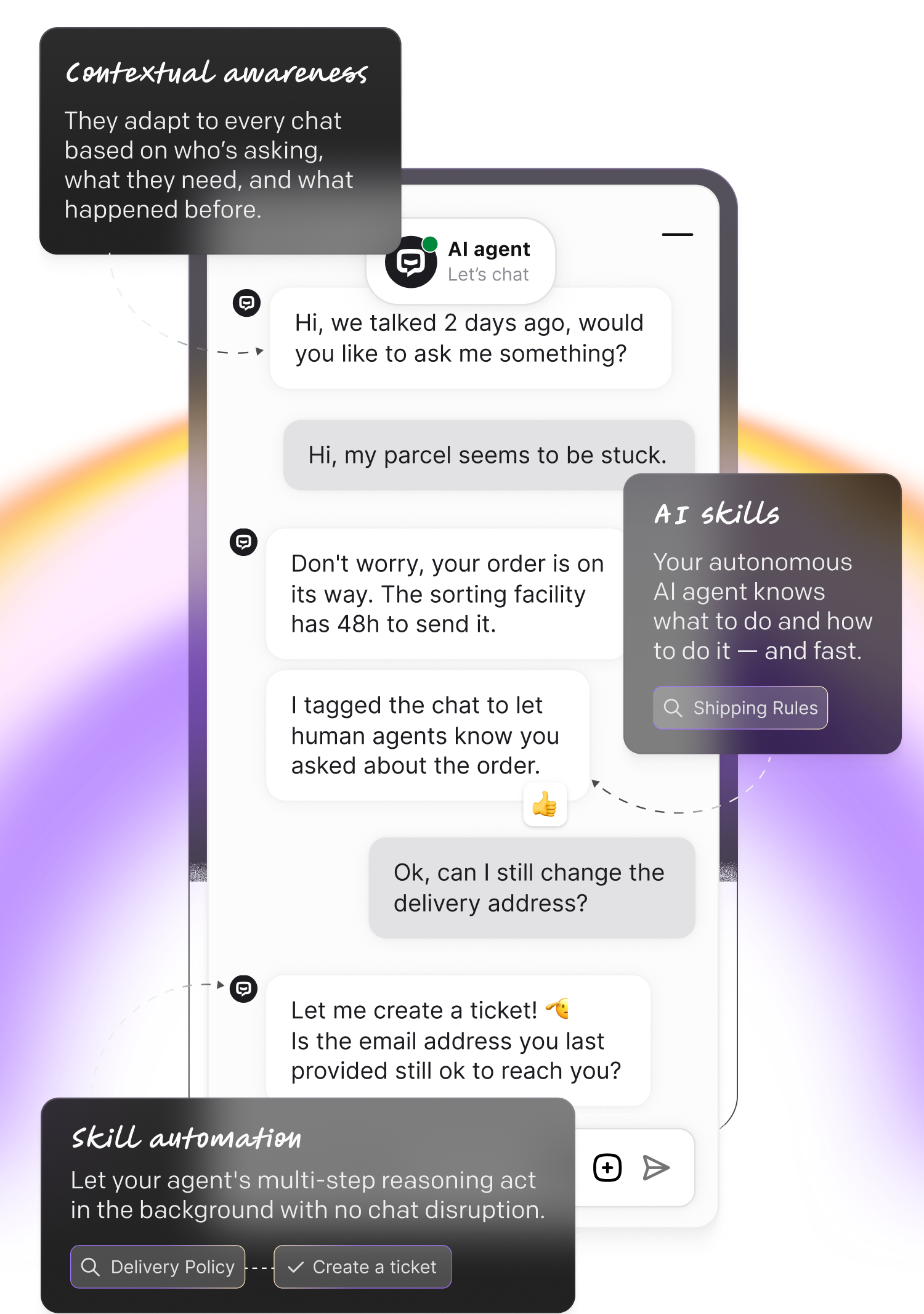 AI-powered chat widget showing a conversation with Text App's AI agent assisting with a stuck parcel. The agent provides updates, tags chats for human agents, and creates a support ticket. Around the chat, three feature callouts are highlighted: Contextual awareness: They adapt to every chat based on who’s asking, what they need, and what happened before. Skill automation: Let your agent's multi-step reasoning act in the background with no chat disruption. AI skills: Your autonomous AI agent knows what to do and how to do it — fast.