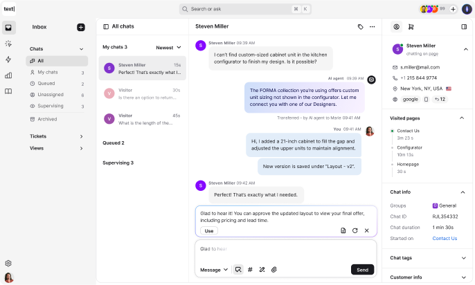 Text App desktop interface showing a live chat between a customer, an AI agent, and a human agent. The layout includes a chat inbox, user details panel, and conversation thread with follow-up actions.