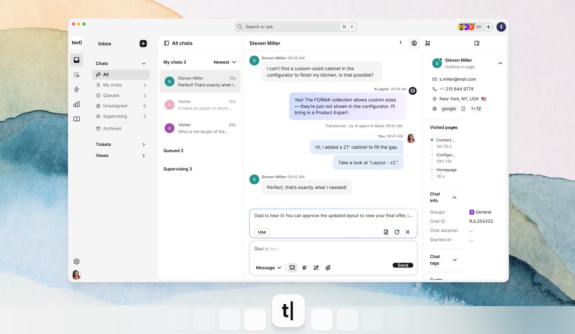 A desktop view of the Text App workspace showing a customer service conversation between an AI agent, a customer, and a human agent.