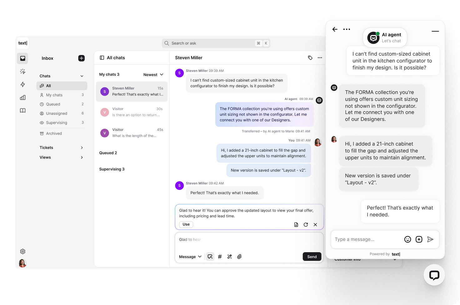 Text App interface displaying a live customer support chat involving a user, an AI agent, and a human agent. The layout includes a chat inbox, user details panel, and conversation thread with follow-up actions, shown both in a desktop view and as a customer-facing support widget powered by Text.