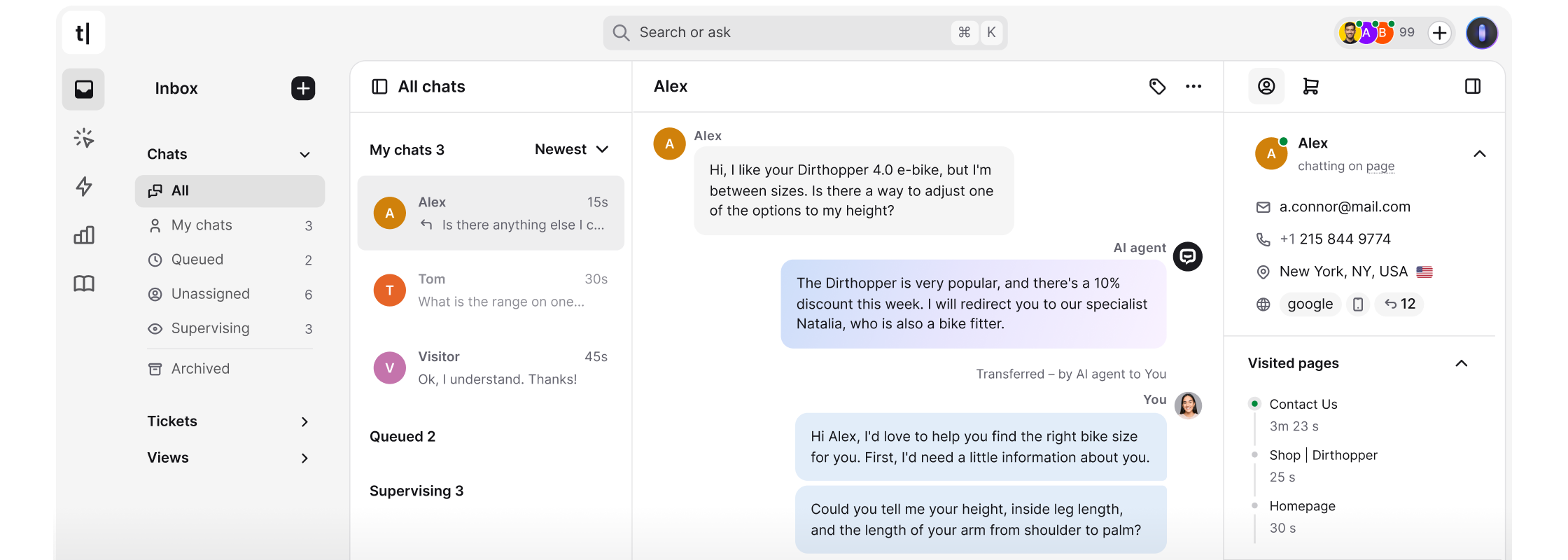 View of the Chats section in the Text App, showing an example customer conversation.
