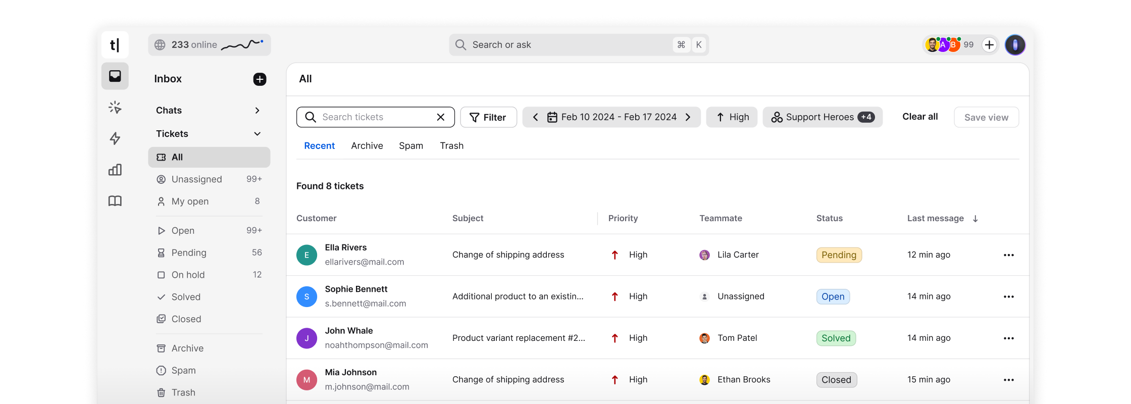 View of the Tickets section in the Text App, showing an example customer conversation.