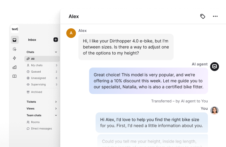 View of the Chats section in the Text App, showing an example customer conversation.