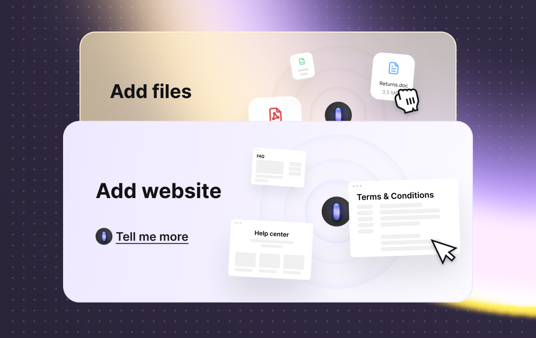 Illustration showing how to add files or websites to a knowledge hub, powering AI-generated answers. Icons represent documents and web pages like FAQs and Terms & Conditions, with “Add files” and “Add website” headings.