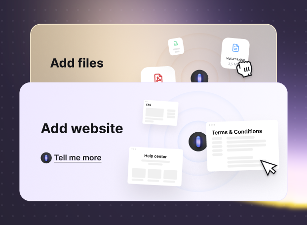 Illustration showing how to add files or websites to a knowledge hub, powering AI-generated answers. Icons represent documents and web pages like FAQs and Terms & Conditions, with “Add files” and “Add website” headings.