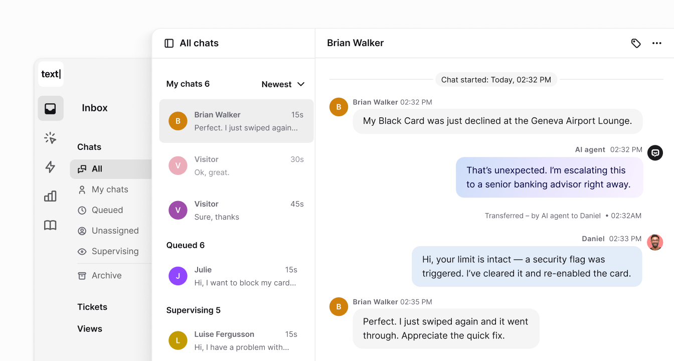 Text App interface showing a conversation where an AI agent escalates a declined card issue to a human advisor, who resolves it in real time. UI includes inbox filters and chat details.