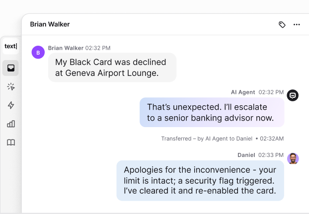 Text App interface showing a conversation where an AI agent escalates a declined card issue to a human advisor, who resolves it in real time. UI includes inbox filters and chat details.
