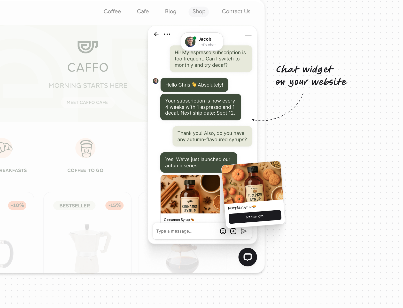 Chat widget shown on a website, displaying a visible message prompt that encourages visitors to start a conversation