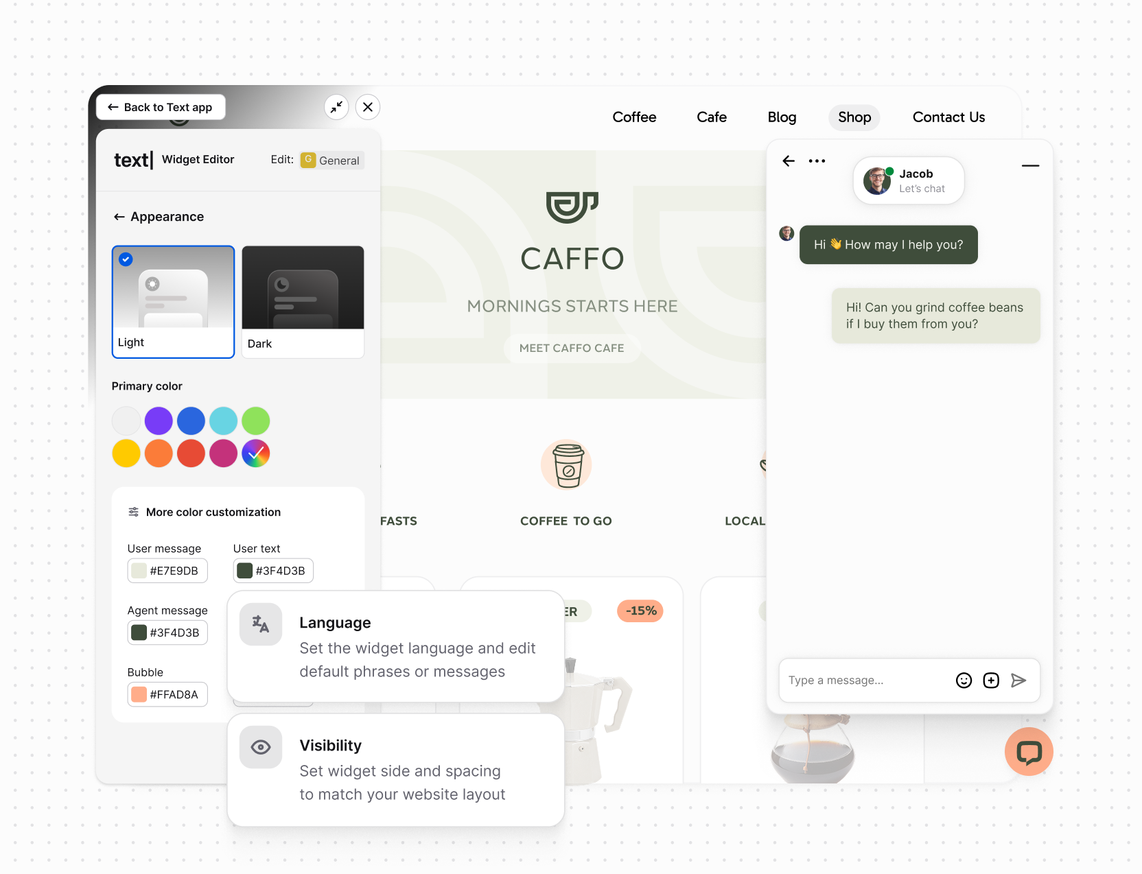 Customization options in the Text App, displaying tools to adjust the chat widget’s appearance and tone to match your website’s branding.