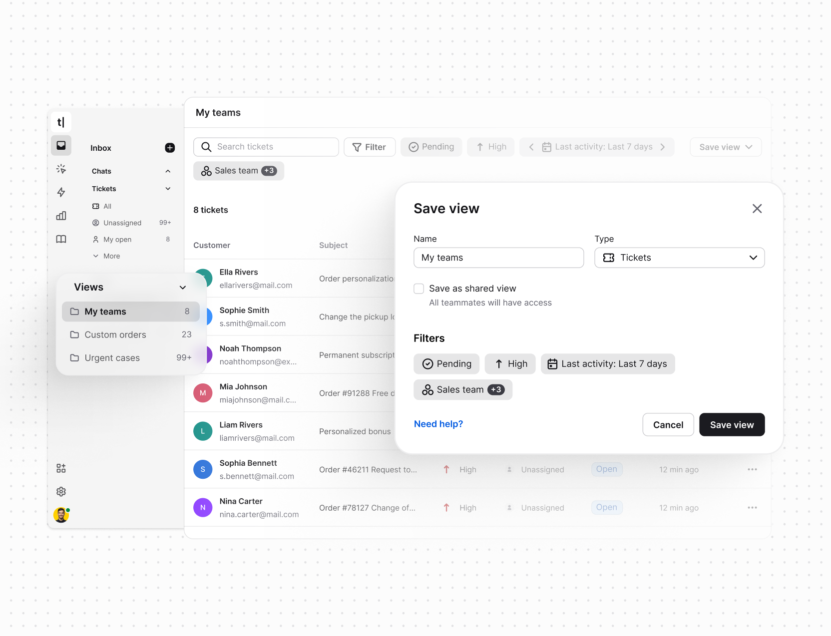 Support tickets being filtered in Text App.