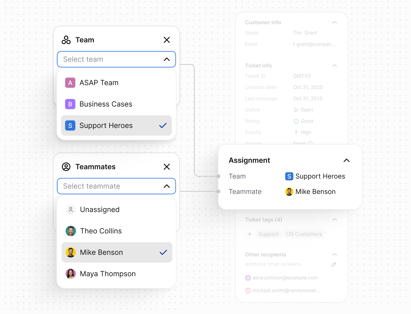 Support ticket being assigned based on agent roles and skills in Text App.