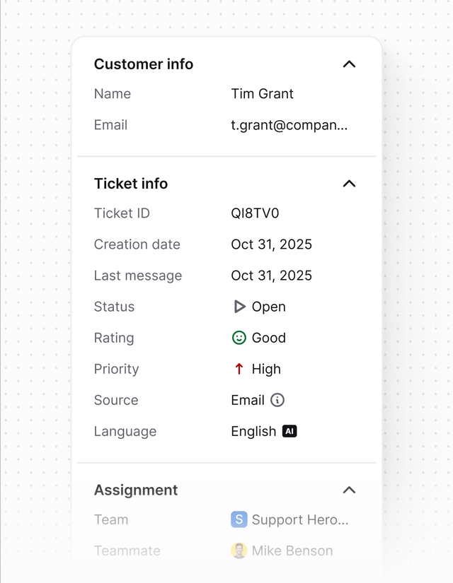 Ticket details such as status, assignee, and priority being displayed in Text App.