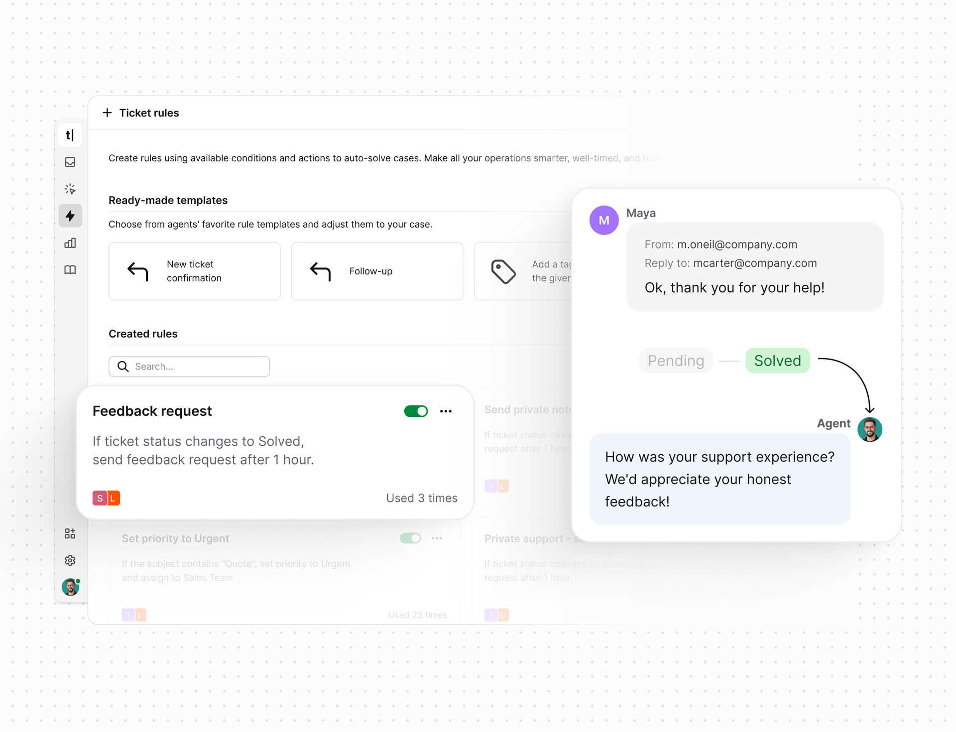 Ticket actions being automated through conditional rules and templates in the Text App