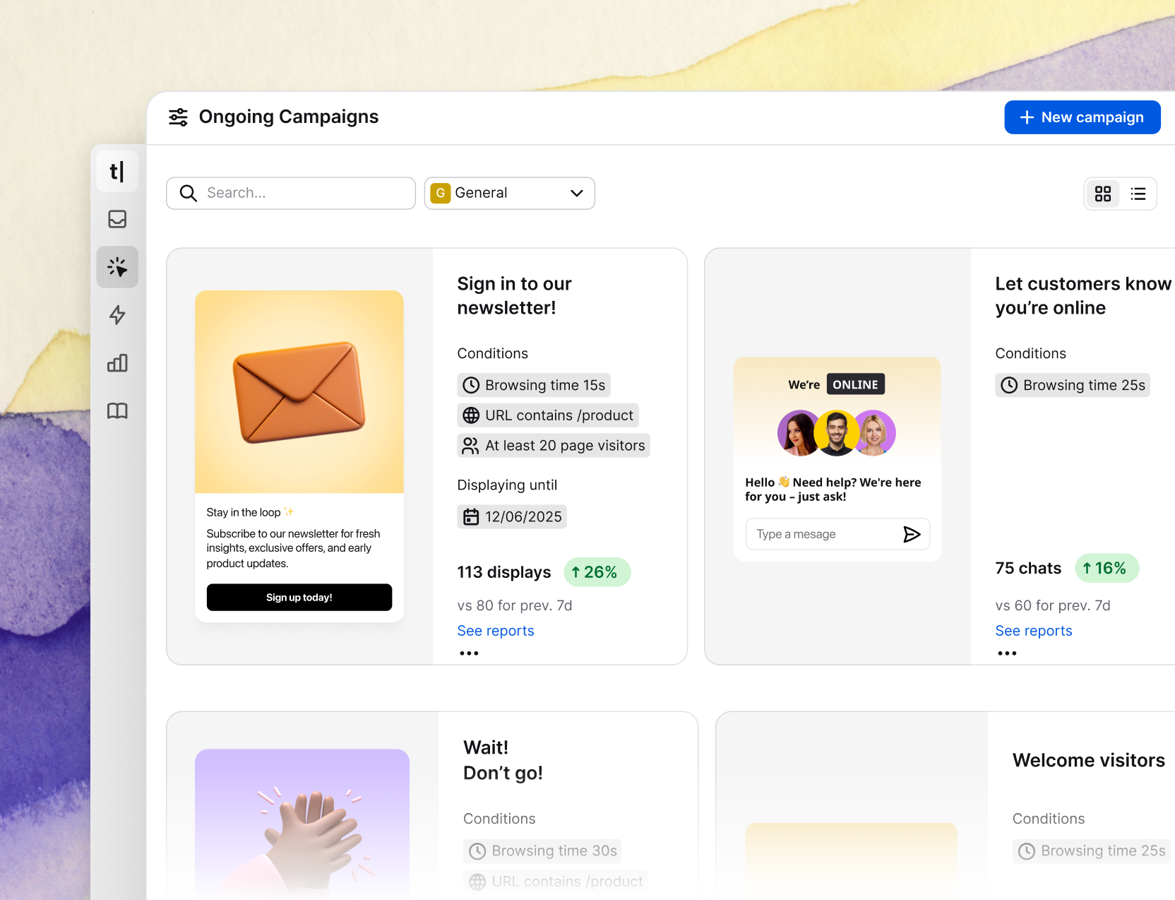 Campaigns dashboard in Text App, showing ongoing customer engagement campaigns with conditions, performance metrics, and call-to-action previews like newsletter signups and chat prompts.