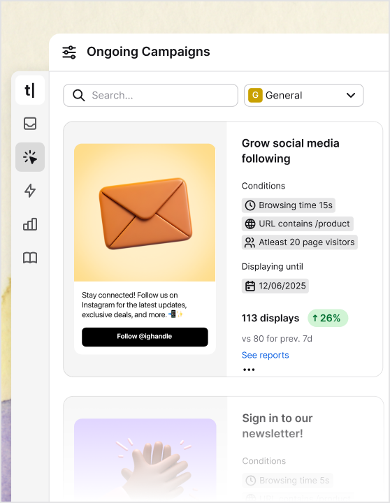 Campaigns dashboard in Text App, showing ongoing customer engagement campaigns with conditions, performance metrics, and call-to-action previews like newsletter signups and chat prompts.